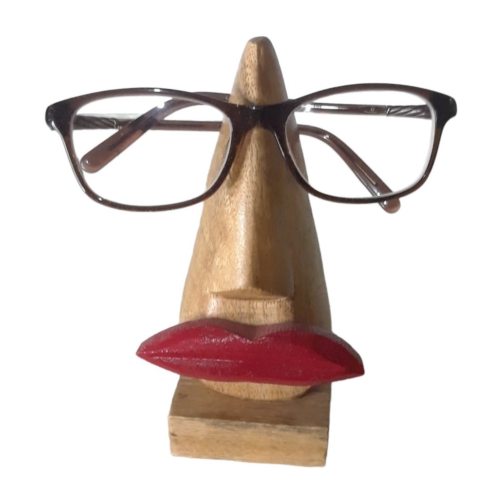 Glasses Holder Eyeglass Stand Wooden with Nose and Big Red Lips for Spectacles